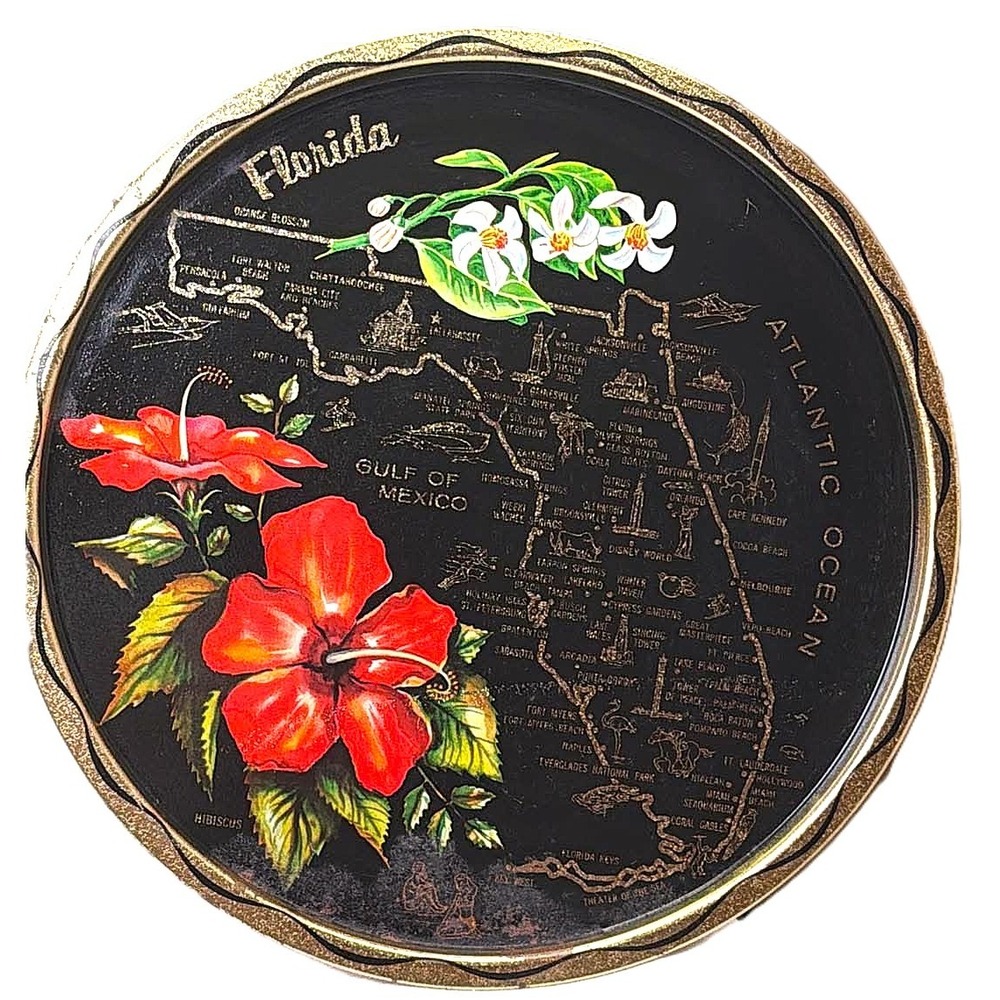 Vintage Florida Souvenir Tray 11in Black MCM Map Hibiscus Metal